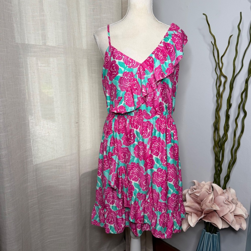 Vineyard Vines Kentucky Derby 146 Rose Ruffle Silk Dress Pink Blue Women's 8